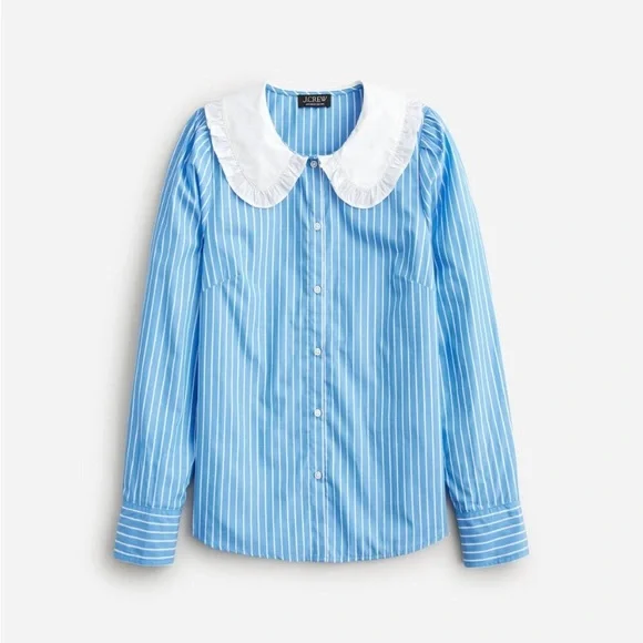 NWT J. Crew Organic Cotton Ruffle-Collar Poplin Shirt in Blue White Stripes - Picture 3 of 4